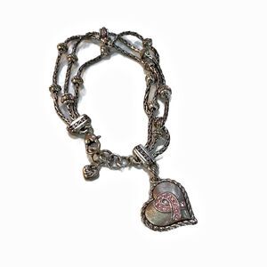 Brighton Silvertone Chain Bracelet Pink Rhinestone Heart Multi Strand Beaded